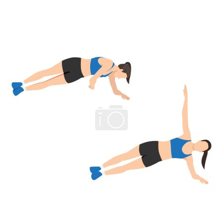 Illustration for Woman doing Side plank rotation exercise. Flat vector illustration isolated on white background - Royalty Free Image