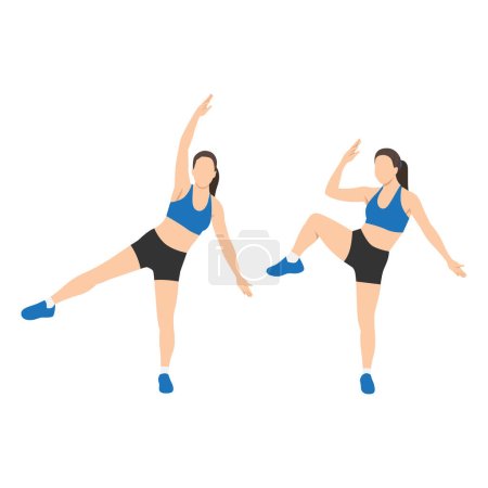 Illustration for Woman doing Single leg side crunch exercise. Flat vector illustration isolated on white background - Royalty Free Image