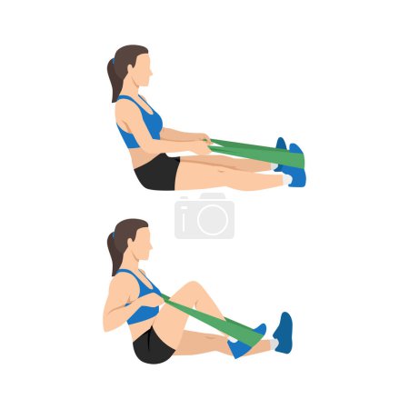 Téléchargez les illustrations : Femme faisant l'exercice de flexion du genou de résistance assise. Illustration vectorielle plate isolée sur fond blanc - en licence libre de droit