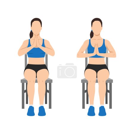 Téléchargez les illustrations : Femme faisant assis Prière du bras Exercice extensible. Illustration vectorielle plate isolée sur fond blanc - en licence libre de droit