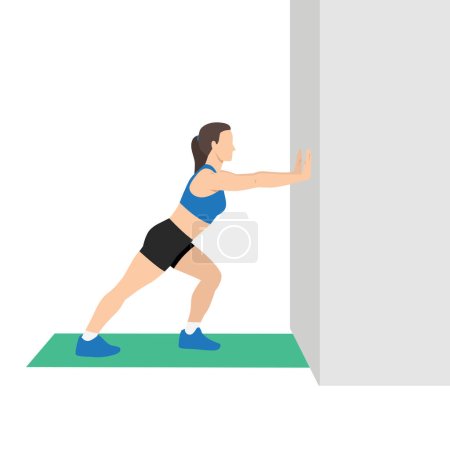 Illustration for Woman doing straight leg calf stretch exercise. Flat vector illustration isolated on white background. Workout character set - Royalty Free Image