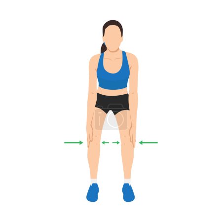 Téléchargez les illustrations : Femme faisant demi-squat résistance au genou en utilisant l'exercice des mains. Illustration vectorielle plate isolée sur fond blanc - en licence libre de droit
