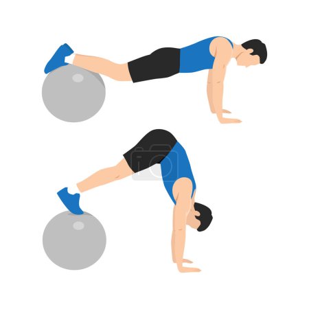 Illustration for Man doing swiss ball plank to pike push up, core exercise. Flat vector illustration isolated on white background - Royalty Free Image