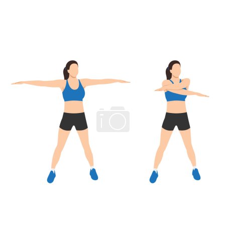 Illustration for Woman doing arm swings exercise. Flat vector illustration isolated on white background - Royalty Free Image