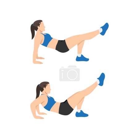 Téléchargez les illustrations : Femme faisant de l'exercice de plongeon simple jambe trice. Illustration vectorielle plate isolée sur fond blanc - en licence libre de droit