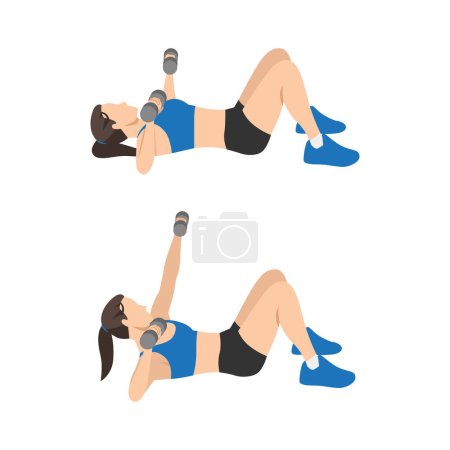 Illustration for Woman doing Chest press punch up exercise. Flat vector illustration isolated on white background - Royalty Free Image