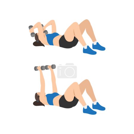 Woman doing lying trice extension exercise. Flat vector illustration isolated on white background