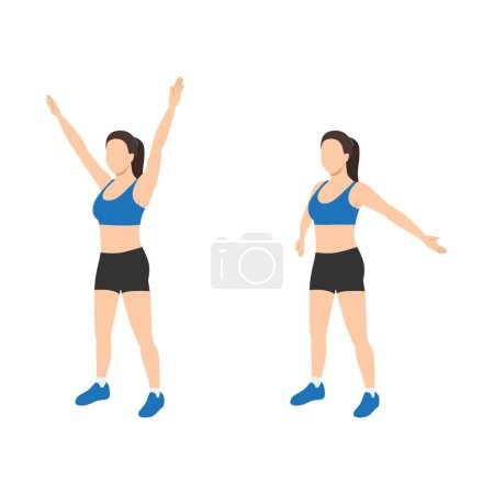 Ilustración de Mujer haciendo ejercicios en círculos de brazos grandes. Ilustración vectorial plana aislada sobre fondo blanco - Imagen libre de derechos