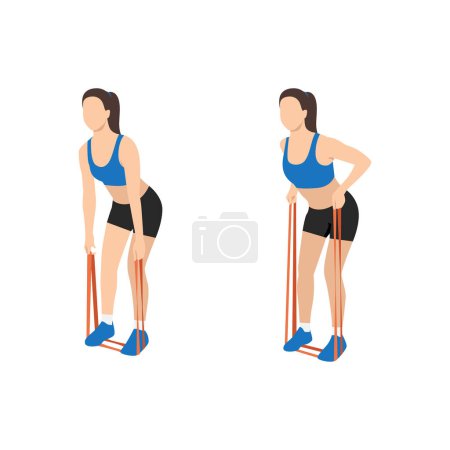 Man doing upper back bent over row with resistance band exercises. Flat vector illustration isolated on white background