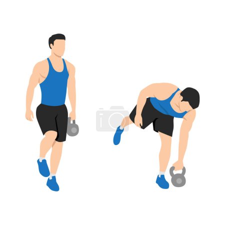 Illustration for Man doing Kettlebell one legged deadlifts exercise. Flat vector illustration isolated on white background - Royalty Free Image