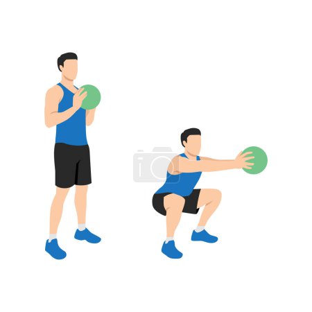 Ilustración de Hombre haciendo la pelota de medicina en cuclillas y llegar al ejercicio. Ilustración vectorial plana aislada sobre fondo blanco - Imagen libre de derechos