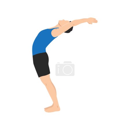 Illustration for Man practices yoga in the raised arms pose. Healthy lifestyle and wellness concept. Flat vector illustration for Yoga Day. Hasta Uttanasana pose. Sun salutation, surya namaskara. - Royalty Free Image