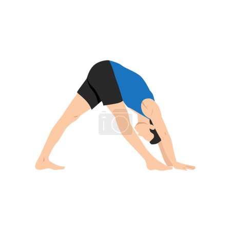 Illustration for Man doing intense side stretch pose parsvottanasana exercise. Flat vector illustration isolated on white background - Royalty Free Image
