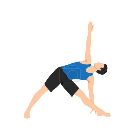 Illustration for Man doing Revolved Triangle Yoga Pose. Parivrtta Trikonasana. Flat vector illustration isolated on white background - Royalty Free Image