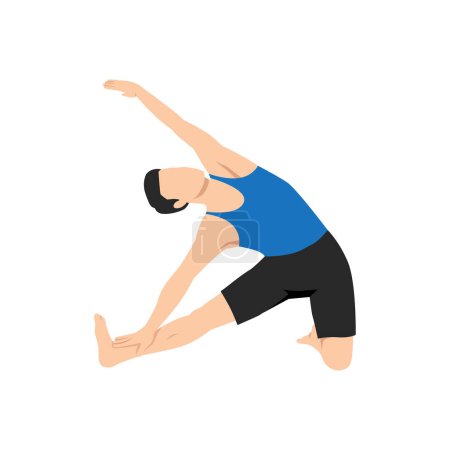 Ilustración de Hombre haciendo Parivrtta Parighasana o Postura Giratoria de Yoga. Ilustración vectorial plana aislada sobre fondo blanco - Imagen libre de derechos