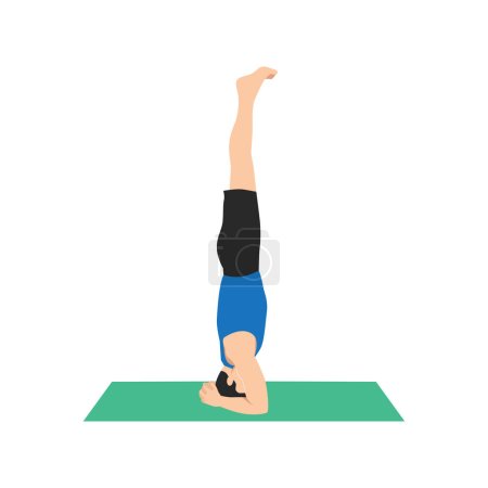 Homme pratiquant le concept de yoga, debout dans l'exercice de salamba sirsasana, pose de la tête, travailler, Illustration vectorielle plate isolée sur fond blanc