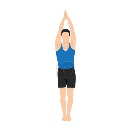 Téléchargez les illustrations : Homme faisant urdhva namaskarasana yoga pose. Debout avec upavishtha konasana exercice. Illustration vectorielle plate isolée sur fond blanc - en licence libre de droit