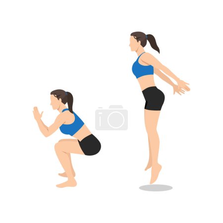 Ilustración de Mujer haciendo ejercicio de salto en cuclillas. Ilustración vectorial plana aislada sobre fondo blanco - Imagen libre de derechos