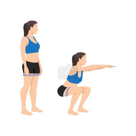 Téléchargez les illustrations : Femme faisant Mini exercice de squat d'air de bande. Illustration vectorielle plate isolée sur fond blanc - en licence libre de droit