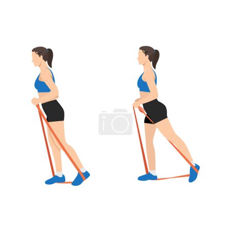 Illustration for Woman doing backward glute raises with long resistance band exercise. Flat vector illustration isolated on white background - Royalty Free Image