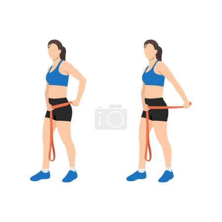 Mujer haciendo Tricep pull con ejercicio de banda de resistencia larga. Ilustración vectorial plana aislada sobre fondo blanco