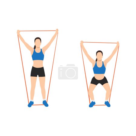 Illustration for Woman doing Overhead squat with long resistance band exercise. Flat vector illustration isolated on white background - Royalty Free Image