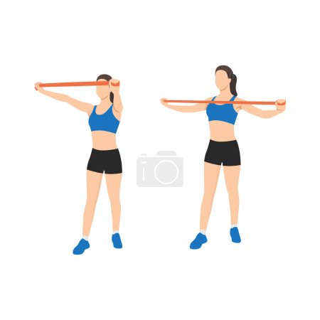 Ilustración de Mujer haciendo marcha atrás de espalda superior con ejercicio de banda de resistencia larga. Ilustración vectorial plana aislada sobre fondo blanco - Imagen libre de derechos