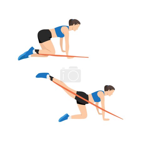 Illustration for Woman doing Donkey kicks with long resistance band for butt exercise. Flat vector illustration isolated on white background - Royalty Free Image