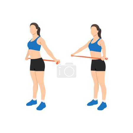Femme faisant l'étirement de l'épaule avec un long exercice de bande de résistance. Illustration vectorielle plate isolée sur fond blanc