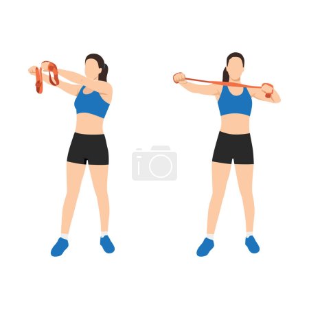 Téléchargez les illustrations : Femme faisant l'archer d'exercice du haut du dos avec l'exercice de bande de résistance longue. Illustration vectorielle plate isolée sur fond blanc - en licence libre de droit