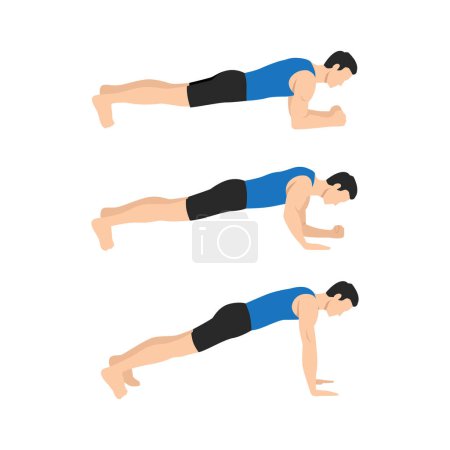 Illustration for Man doing plank get ups exercise flat vector illustration isolated on white background - Royalty Free Image