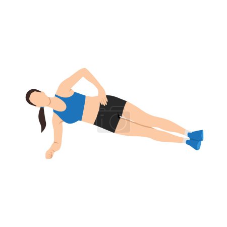 Illustration for Woman doing Forearm Side plank exercise. Flat vector illustration isolated on white background - Royalty Free Image