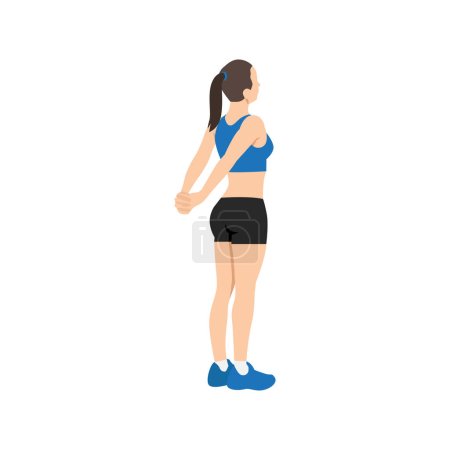 Mujer haciendo ejercicio de estiramiento del hombro inverso. Ilustración vectorial plana aislada sobre fondo blanco
