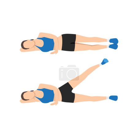 Illustration for Woman doing Lying side leg lifts or lateral raises hip abductors or adductors. Leg Raise Exercise in 2 step. Flat vector illustration isolated on white background - Royalty Free Image