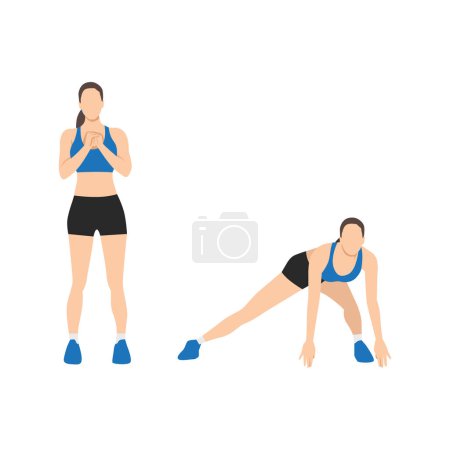 Téléchargez les illustrations : Femme faisant latérale se jette à l'exercice toucher le sol. Illustration vectorielle plate isolée sur fond blanc - en licence libre de droit