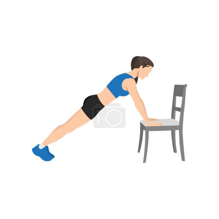 Woman doing Incline plank on chair exercise. Flat vector illustration isolated on white background
