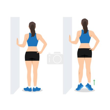 Photo for Woman doing external rotation or bodyweight calf raises exercise. Flat vector illustration isolated on white background - Royalty Free Image