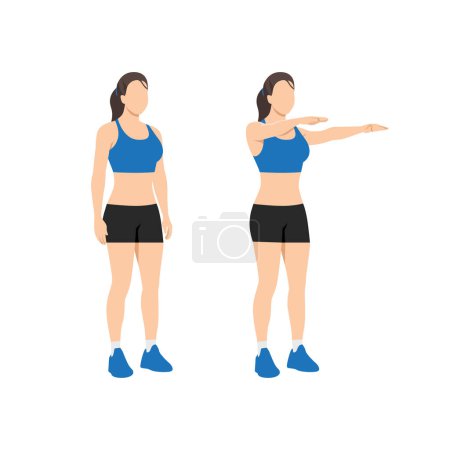 Frau mit doppeltem Arm hebt nach oben. Flache Vektordarstellung isoliert auf weißem Hintergrund