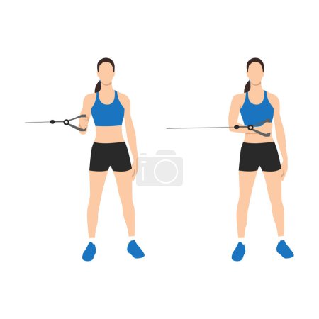 Frau, die eine Rotationshaltung für externe Seilzüge ausübt, um in 2 Schritten zu trainieren. Illustration zum Training mit Fitnessgeräten zur Erhaltung eines starken und stabilen Schultergelenks. Flache Vektorabbildung
