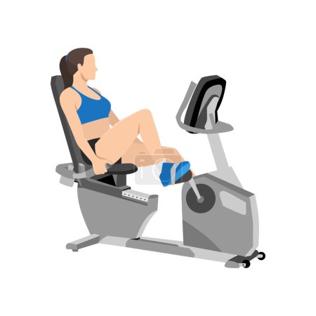 Illustration for Woman doing recumbent bike cardio exercise. Flat vector illustration isolated on white background - Royalty Free Image