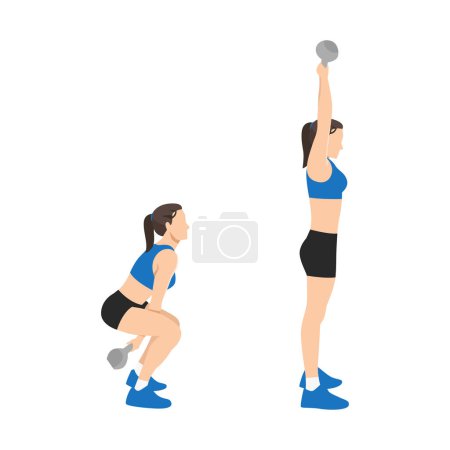 Woman doing two arm Kettlebell swing exercise. Flat vector illustration isolated on white background