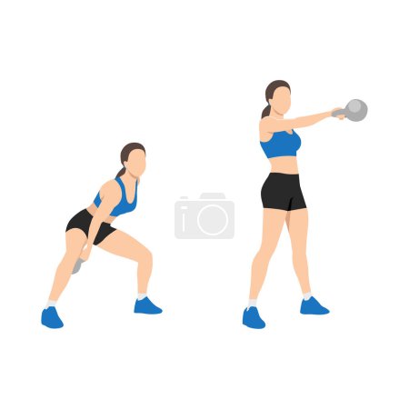 Ilustración de Mujer haciendo ejercicio de columpios de kettlebell de un brazo. Ilustración vectorial plana aislada sobre fondo blanco - Imagen libre de derechos