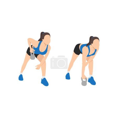Téléchargez les illustrations : Femme faisant un bras kettlebell rangées exercice. Illustration vectorielle plate isolée sur fond blanc - en licence libre de droit