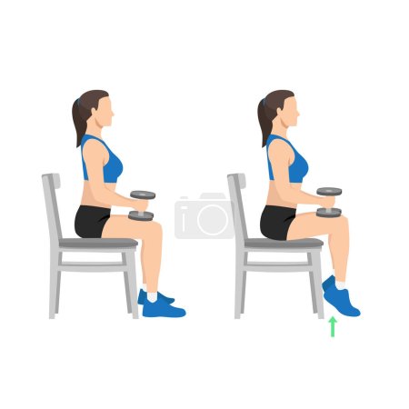 Illustration for Woman doing seated dumbbell or chair calf raises. Keep both legs at a 90-degree angle. Extend the heels of pushing the toes on the ground and lifting the heels of pushing. Flat vector illustration - Royalty Free Image