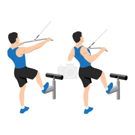 Illustration for Man doing standing lat pulldown exercise. Flat vector illustration isolated on white background - Royalty Free Image