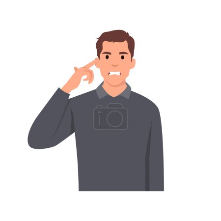 Illustration for Young man Angry irritated, stressed and getting mad with throbbing vein on forehead man, holding finger at temple, annoye and furious with negative emotion expression - Royalty Free Image