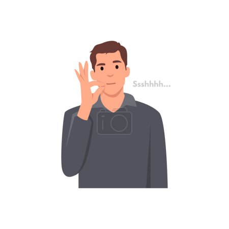 Illustration for Young man making a shushing gesture raising his finger to his lips. Flat vector illustration isolated on white background - Royalty Free Image