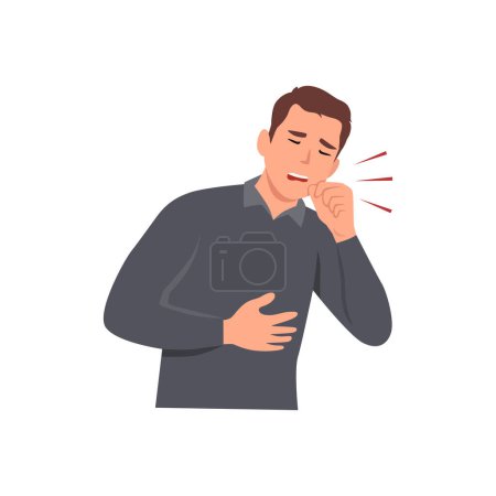 Ilustración de Hombre enfermo con tos seca. Persona masculina con asma, alergia o resfriado. Un tipo enfermo. Hombre con síntomas de enfermedad respiratoria. Ilustración vectorial aislada en estilo de dibujos animados - Imagen libre de derechos