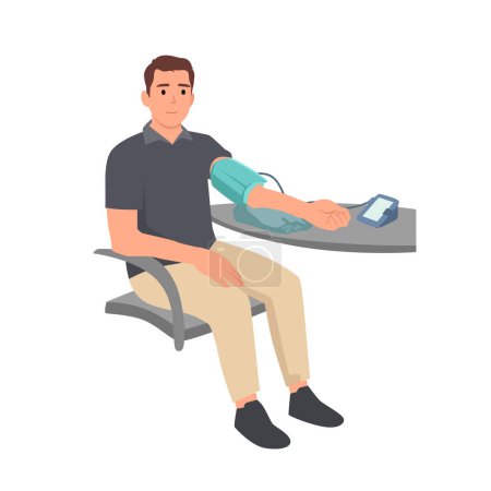 Illustration for Young man taking his blood pressure at home. Healthy lifestyle. Flat vector illustration isolated on white background - Royalty Free Image