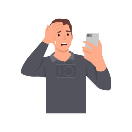 Illustration for Young man texting using smart phone, stressed with hand on head, shocked, surprise face, angry and frustrated. Fear and upset for mistake. Flat vector illustration isolated on white background - Royalty Free Image